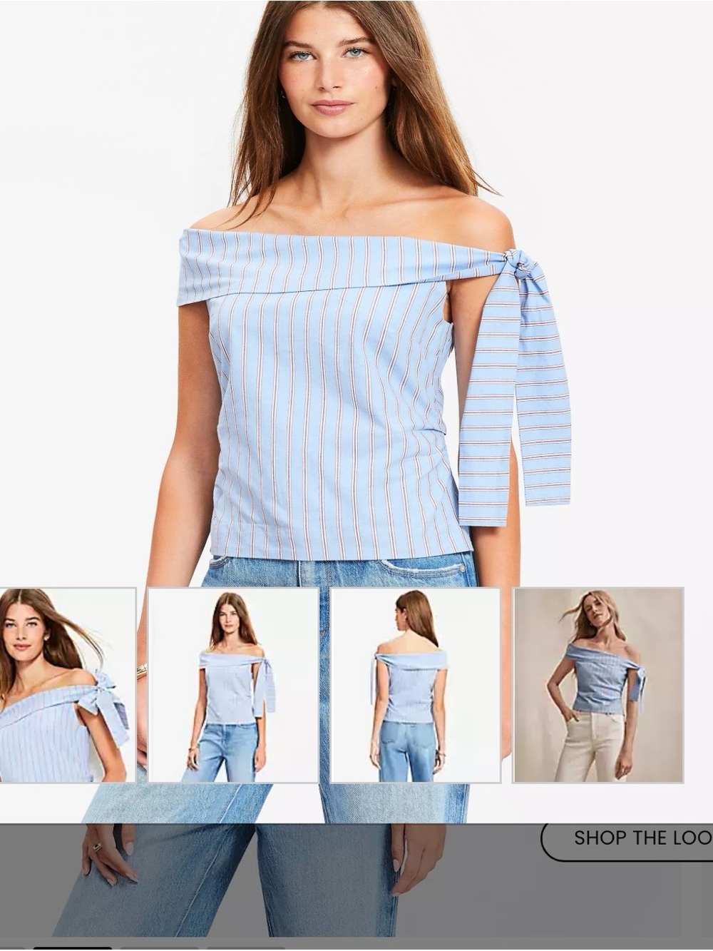 LOFT Off-Shoulder Light Blue Stripe Tie-Sleeve Top